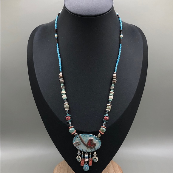 Vintage artisan handmade ceramic heart beaded necklace romantic whimsy boho. - Picture 7 of 8